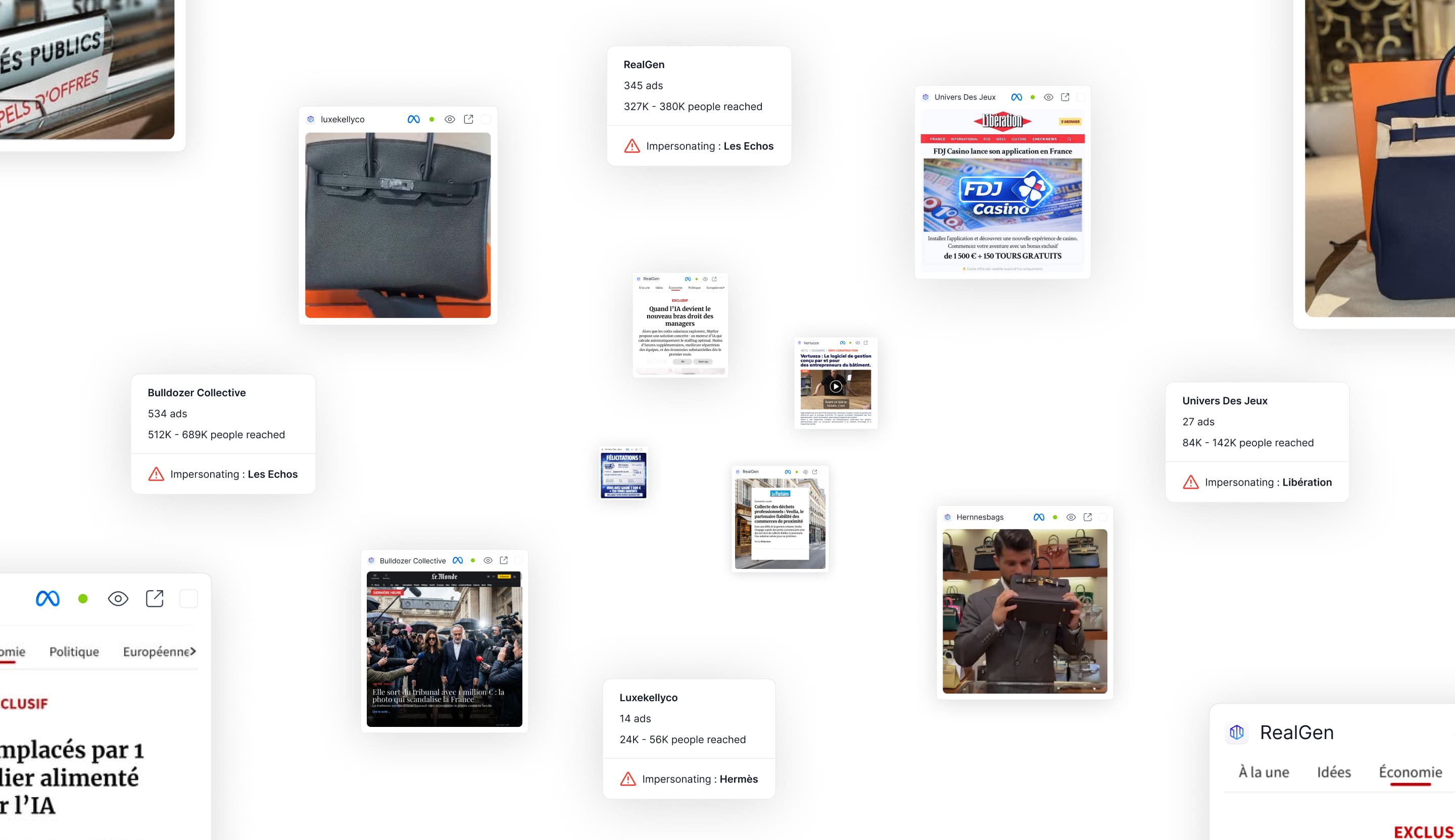 Integrity: collage of brand impersonation alerts on Meta.
